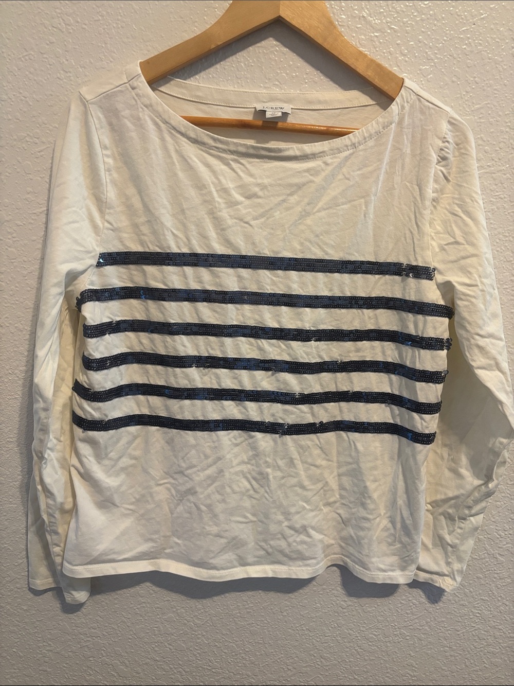 J. Crew White Long-Sleeve Tee with Navy Sequin Stripes